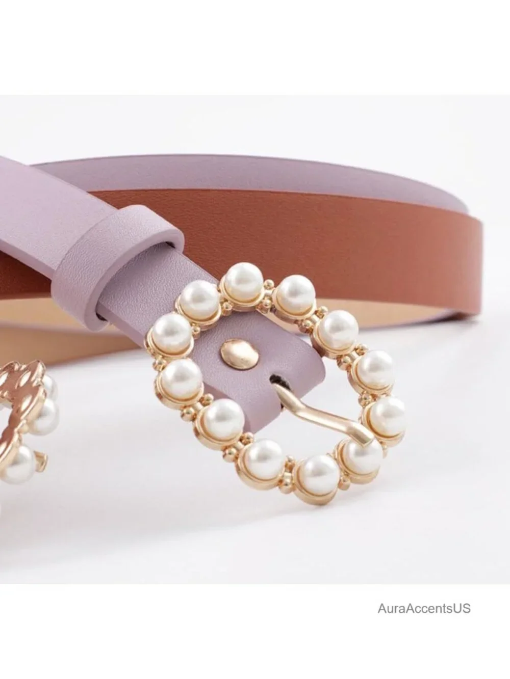 Pearl Buckle Skinny Belt Faux Leather Adjustable Women's